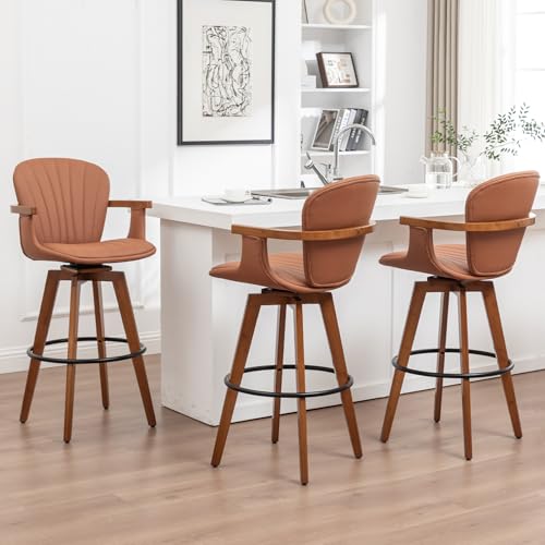 Image of LUNLING 30 inch Bar Height Stools Set of 3.Mid Century Modern Bar Stools,Brown PU Leather Kitchen Island Stools,Wood High Barstools Swivel with Back and Arms for Home Bar Furniture