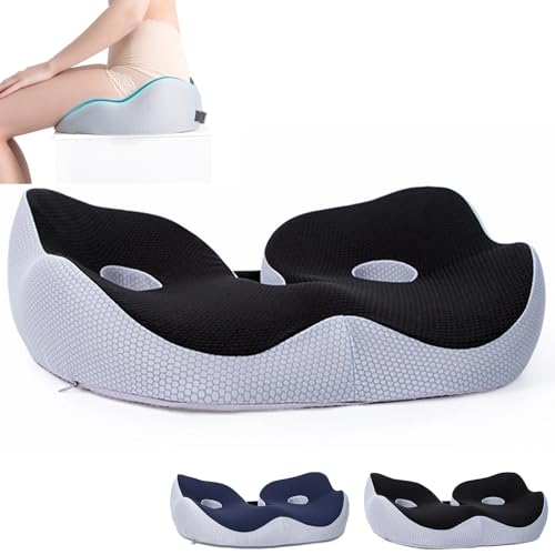 Outfany Ergoseat - Cojín ortopédico ergonómico para silla de oficina, asiento de coche, espuma viscoelástica para oficina y alivia el dolor de coxis y ciática (negro)