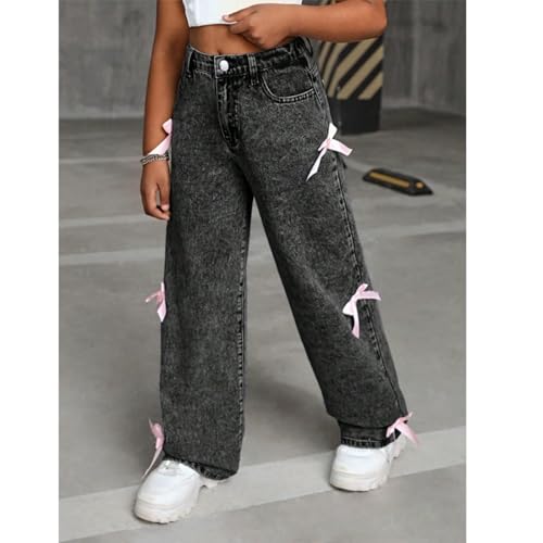 Girls Bow Wide Leg Baggy Denim Pants,Teen Casual Cute Wide Leg Jeans,Kids High Waisted Washed Jean Straight Leg Trouser (US, Alpha, Medium, Regular, Medium Blue)4