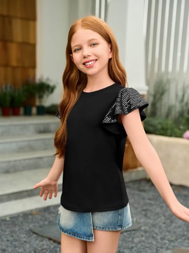 Haloumoning Girls Ruffle Short Sleeve T Shirts Sequin Casual Cute Crewneck Tops Blouses 5-14Y4