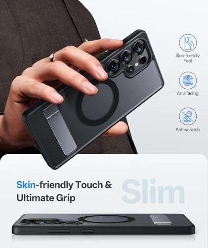 Image of Vihibii PC,Silicone For Samsung Galaxy S25 Ultra Magnetic Back Cover With Stand,[Compatible With Magsafe],Rugged Shockproof Protective Back,Translucent Matte Slim Fit Phone Case For 6.9 inch,Black