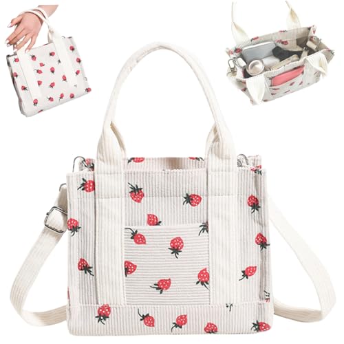 Bolso tote de pana de 8,27 x 7 pulgadas, bolso pequeño con diseño de fresa, con correa ajustable para hombro, bolso cruzado con cremallera para mujer miniatura 5