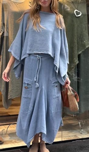 Women's 2 Piece Outfits Casual Skirt Sets, Long Sleeve Tops Irregular Midi Skirts Matching Outfits with Pockets2