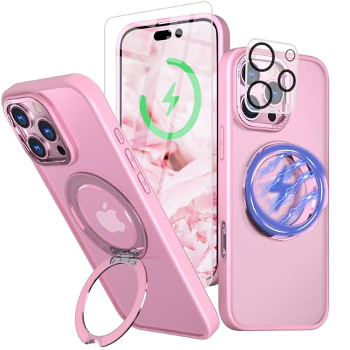 for iPhone 16 Pro Max Case with Screen Protector & Lens Protector [15 FT Military Drop Protection] Magnetic Kickstand Compatible with MagSafe Slim Translucent Case (Sakura Pink)