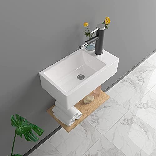 Floating Bathroom Sink Wall Mounted - Lofeyo Modern Bathroom Vessel Sink Corner Mounted White Ceramic Porcelain Mini Small Rectangular Rustic Bath Cloakroom Sink, Right Hand