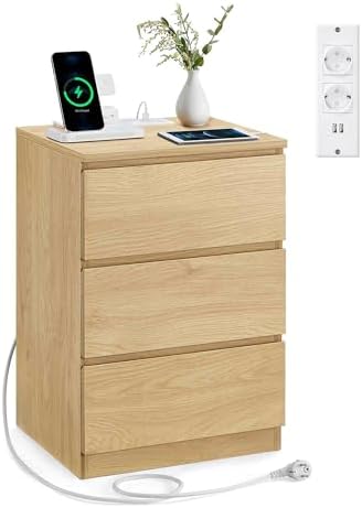 VASAGLE Nachttisch mit Steckdosenleiste, 3 Schubladen, 2 AC-Steckdosen | Beistelltisch, 2 USB-A-Anschlüsse, modern, strohgelb, KAILYN Kollektion LET631Y70