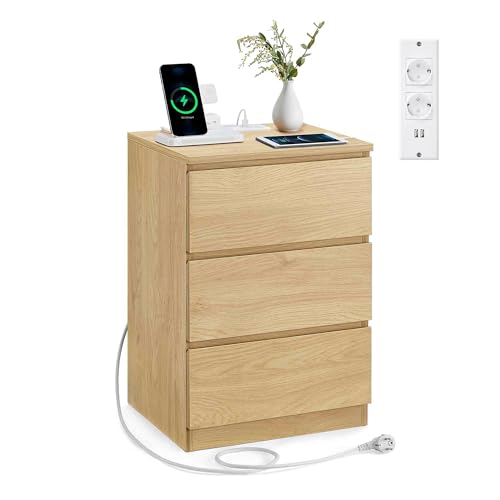 VASAGLE Kailyn Collection - Table de Chevet avec Multiprise, Table d’Appoint avec 3 Tiroirs, 2 Prises CA, 2 Ports USB, pour Salon, Chambre, Bureau, Moderne,...