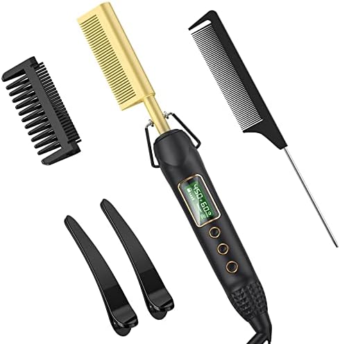 Hot Hair Comb, Electric Hot Comb Hair Straightener, Professional High Heat Ceramic Hair Press Comb, Multifunctional Copper Hair Straightener for American African Hair Hot Comb Electric for Wigs-Gold