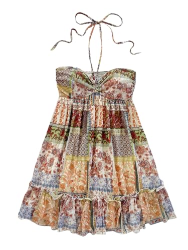 Women's Boho Graphic Ruffle Hem Halter Dress Ruched Tie Backless Summer Short Vacation Dresses