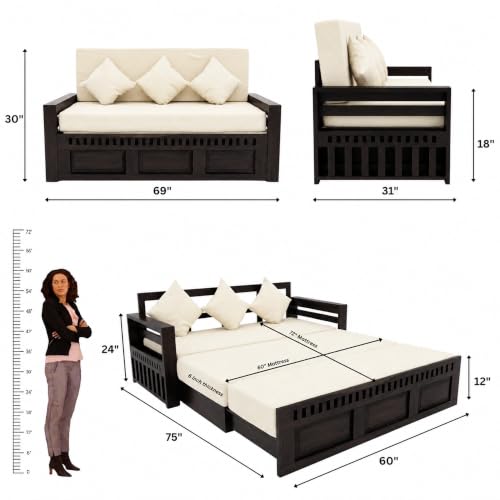 Image of SONA ART & CRAFTS Kuber Sheesham Wood Sofa Cum Bed 3 Seater with Storage and Side Pockets for Living Room Organizer Furniture Sofa Bed Home, Bedroom (Walnut Finish)