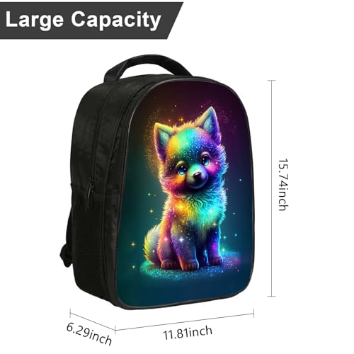 Wolf Backpack for Girls Boys Cute Baby Wolf School Backpack Kawaii Animal Rainbow Colorful Starry Stars Bookbag, 16 Inch Kindergarten Elementary School Backpack for School & Travel2