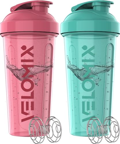 -2 Pack- 28 oz Protein Shaker Bottles for Protein Mixes - 2x Wire Whisk | Leak Proof Shaker Cups for Protein Shakes | Protein Shaker Bottle Pack (Pink/Turquise)