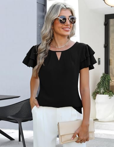 Womens Tops Dressy Casual Business Work Blouses Short Ruffle Sleeve V Neck Cute Summer Shirts Trendy Outfits3
