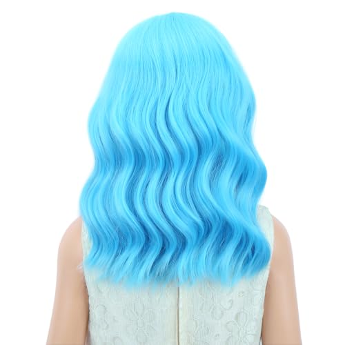 Image of PATTNIUM Kids Blue Wig Short Wavy Wig Light Blue Wig for Kids Cosplay Halloween Party Costume Heat Resistant Synthetic Wig for Girls (Light Blue)