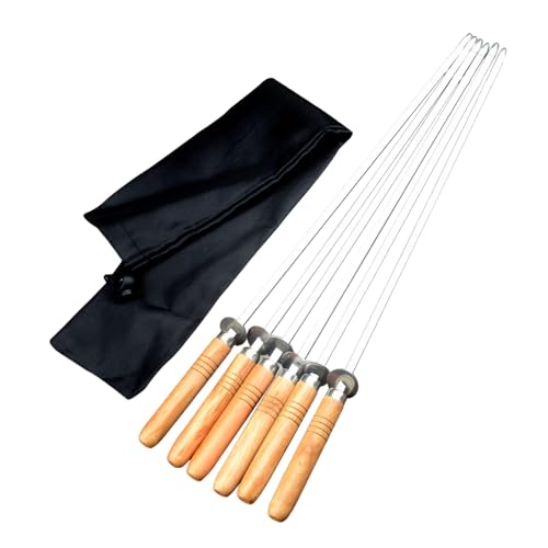 MYCENSE 6x Stainless Steel Flat Skewers Grilling Tools with Rubber Wooden Handle Kebab Sticks Barbecue Skewers for Picnic Grilled