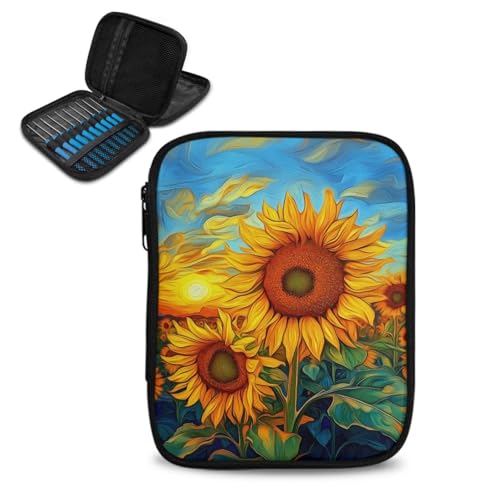 Image of Art Sunflower Crochet Hook Case Crochet Hook Holder Portable Storage Bag with Web Pockets Suitable for Needles /Knitting Accessories