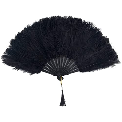 BEAHING Abanico plegable de mano de avestruz estilo vintage, accesorios de aleta de los años 20 (negro), abanico negro
