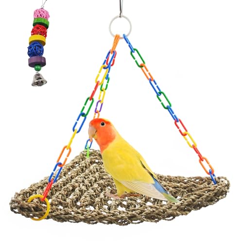 Image of Seagrass Swing for Birds,Bird Seagrass Mat Hammock Edible Triangle Natural Woven Parakeet Swing Toys with Hooks Chewing Climbing for Parrot Budgies Lovebird Canary Cockatiel Finch Cockatoos