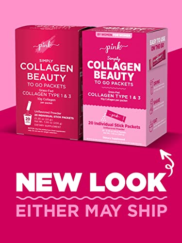 Pink Collagen Powder To Go | 20 Travel Packets | Unflavored Powder Type 1 & 3 | Gluten Free & Non-Gmo Grass Fed Peptides #TOP5