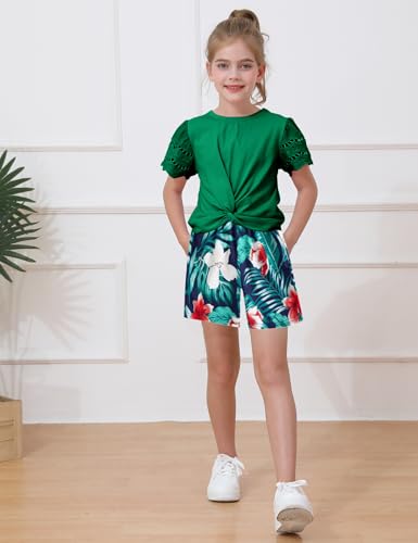 Image of mksodop Girls Clothes 2-Piece Teen Girls clothes Lace Hollow Short-Sleeved Twist T-Shirt And Floral Short Girl Summer Outfits