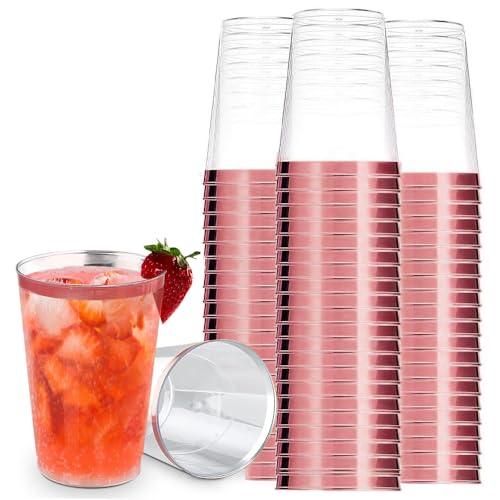 YWKJDDM Vasos de plástico con borde de oro rosa, 30 unidades, vasos de plástico, reutilizables, elegantes copas de vino para fiestas, cumpleaños, bodas, cócteles (360 ml)