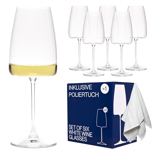 42 DRINKS MOMENT WHITE – Set di 6 bicchieri da vino bianco 420 ml con panno in microfibra – Bicchieri eleganti da vino e spritz – Lavabili in lavastoviglie, imballaggio antiurto, prodotti in Europa