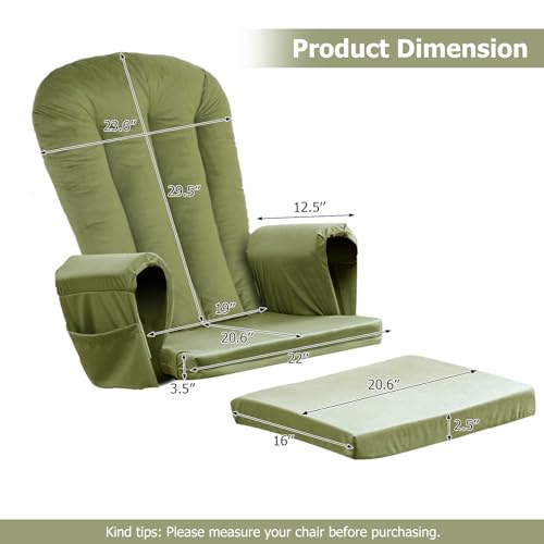Image of Lucky Monet 5PCS Velvet Glider Rocker Replacement Cushions, Thickened & Supportive Rocking Chair Cushion Set with 29.5 Inch High Backrest & Storage Pockets, for Indoor Nursery Glider & Ottoman, Green