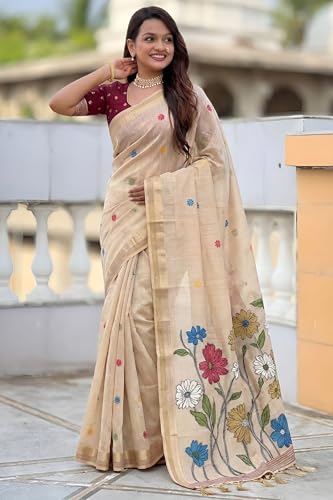Image of SGF11 Women's Soft Cotton Linen Silk Saree With Blouse Piece