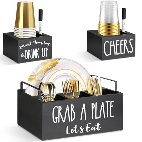 Paper Plate Holders with 2 Cup Holders and Markers Wood Paper Plate Dispenser Kitchen Utensil Holder Paper Plate Organizer for Counter Cutlery Caddy Napkin Holder for Party Camping Picnic Black