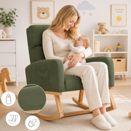 Image of HCHAIRH Rocking Chair Nursery, Upholstered Fabricr Nursing Rocking Chairs with Soft High Back, Modern Nursery Glider Rocker for Mom Living Room, Bedroom, DarkGreen