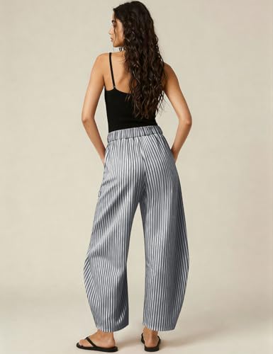Image of TARSE Womens Striped Linen Barrel Pants with Pockets Y2k Patchwork