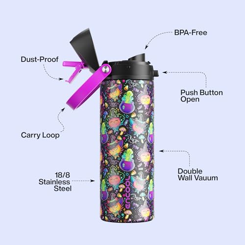 Image of Insulated Water Bottle with Straw - Encool Stainless Steel Water Bottle with Push Button Lid, Leak-Proof & BPA-Free, Keeps Cold for 24 Hours for Sports, Travel, Gym (24 oz, Meowgic Night)
