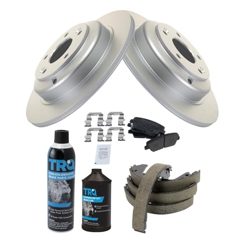 Image of TRQ Rear Brake Pad & Rotor Kit, with Chemical Kit Parking Brake Shoe Set Semi-Metallic Compatible with 2010-2014 Hyundai Genesis Coupe