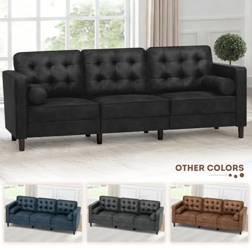 Image of 84 inch Suede Leather 3 Seater Sofa with Two Bolster Pillows, Tufted Sofa with Wooden Legs, Mordern Couch for Living Room, Office, Apartment, Black