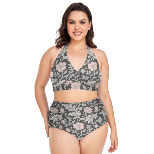 Bikini grande taille vintage fleurs roses et gris maillot deux pièces gainant dos nu réglable
