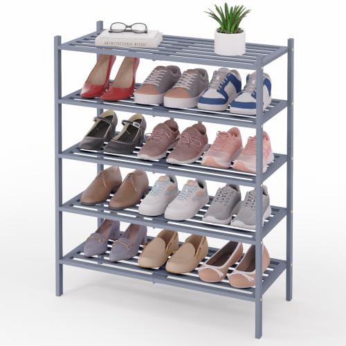 Image of Smiry Bamboo Shoe Rack, 5 Horizontal Slats, 5 Tier - 26.8 inch Wide, Grey