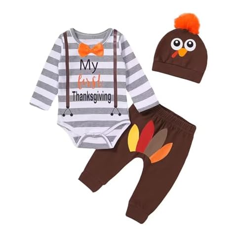 Detigee Baby Boy My 1st Thanksgiving Pant Set Infant Turkey Bodysuit with Hat (Brown,3-6 Months) Cover