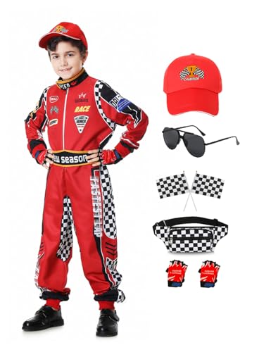 aicoaub Deguisement Pilote de Course Enfant Combinaison Karting Garçon avec Casquette Costume Déguisement Pilote de Course pour Carnaval Cosplay