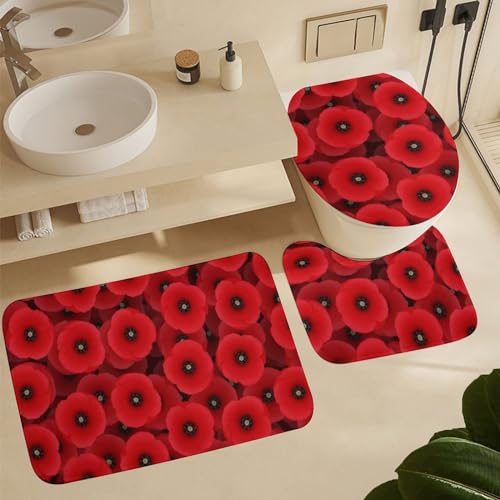 Rideau de douche imperméable et tapis antidérapant coquelicots pour douche