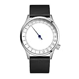JIANDUN Swiss Movement Men's One Hand 24 Hour Watch Single Hand Black Case with Italian Leather Strap(Silver-Black)