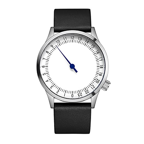 JIANDUN Swiss Movement Men's One Hand 24 Hour Watch Single Hand Black Case with Italian Leather Strap