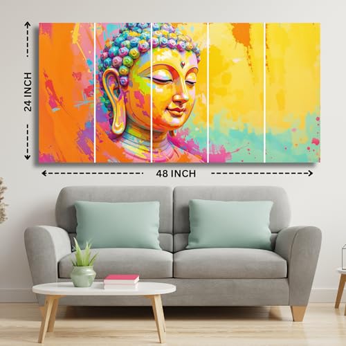Image of Gautam Buddha MDF Wall Painting with Sparkle Laminated | Big Size Lord Buddha 5 Piece Wall Painting for Living Room Big Size | Wall Decor Items for Home, Office & Bedroom