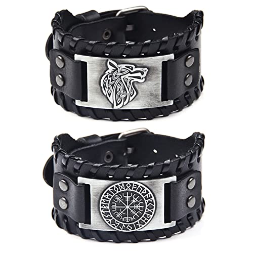 Sehaby Bracelet nordique 2 pièces, Bracelet en cuir tressé fait à la main, Bracelet manchette large tête de loup, bracelet de bijoux boussole runique, bracelet vintage pour femmes hommes Cover
