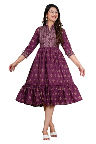 Image of Monique Brand Women's /Girls Cotton Kurta for Women Floral Printed Regular Fit Anarkali Kurta ||Floral Flared Western Dress
