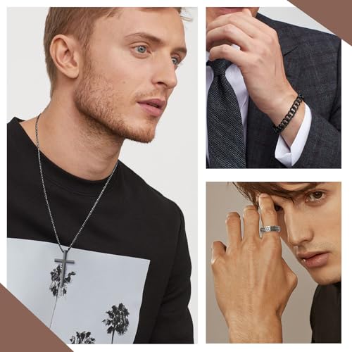 XSDSLS 3 Stück Herren Schmuck Set Edelstahl Kette mit Kreuz Anhänger Kubanische Armband Spinner Ringe Kreuz Halskette mit Box-Kette Halloween Hochzeit Geschenke für Herren Männer (Silber)