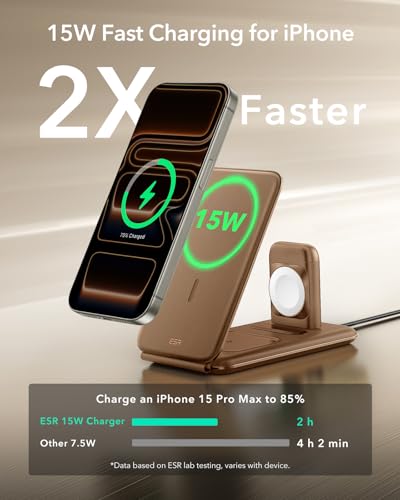 Image of ESR 3 in 1 Charging Station for Apple, [Certified] Apple Watch Charger & 15W MagSafe Charger Stand for iPhone, Travel Charger for Multiple Devices, iPhone 17-12, Watch & AirPods, Brown