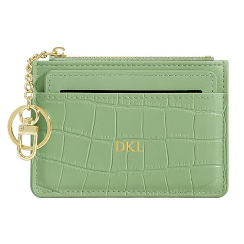 Slim Credit Card Holder with Custom Personalized Initials Name Monogram Small Front Pocket Wallet Keychain Zipper Coin Purse Crocodile Mini Leather Case, Gift for Christmas Thanks Giving, Green