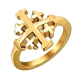 Flongo Herren Ring mit Jerusalem Kreuz aus Edelstahl – Gold Christlicher Siegelring mit Kreuzritter Symbol Glaube Schutz Religiöser Schmuck Geschenk für Männer Kirche Taufe Ostern - Größe 62