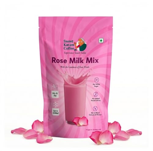Image of Sweet Karam Coffee Instant Rose Milk Powder - 250g | No White Sugar, Articifial Colors or Preservatives | Made with Cane Jaggery & Real Rose Petals | Traditional Indian Thandai Drink Mix
