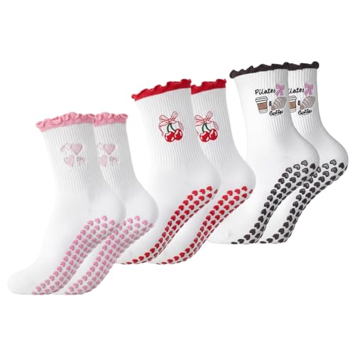 HANNEA 3 Pairs Womens Yoga Socks Pilates Floor Socks Breathable Cotton Socks Moisture-wicking Fashion Crew Socks Sweet Embroidery with Ruffles Cuff Design Sport Socks for Daily Workout
